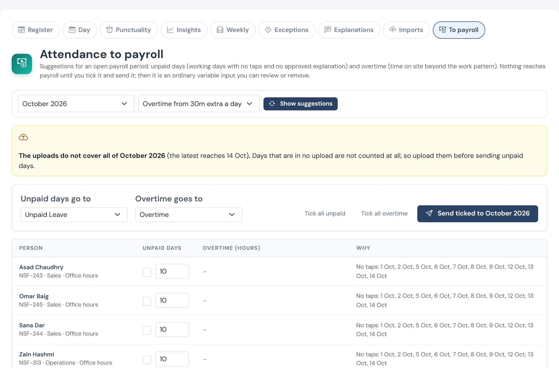Attendance to payroll: overtime hours and unpaid days per person for the open month