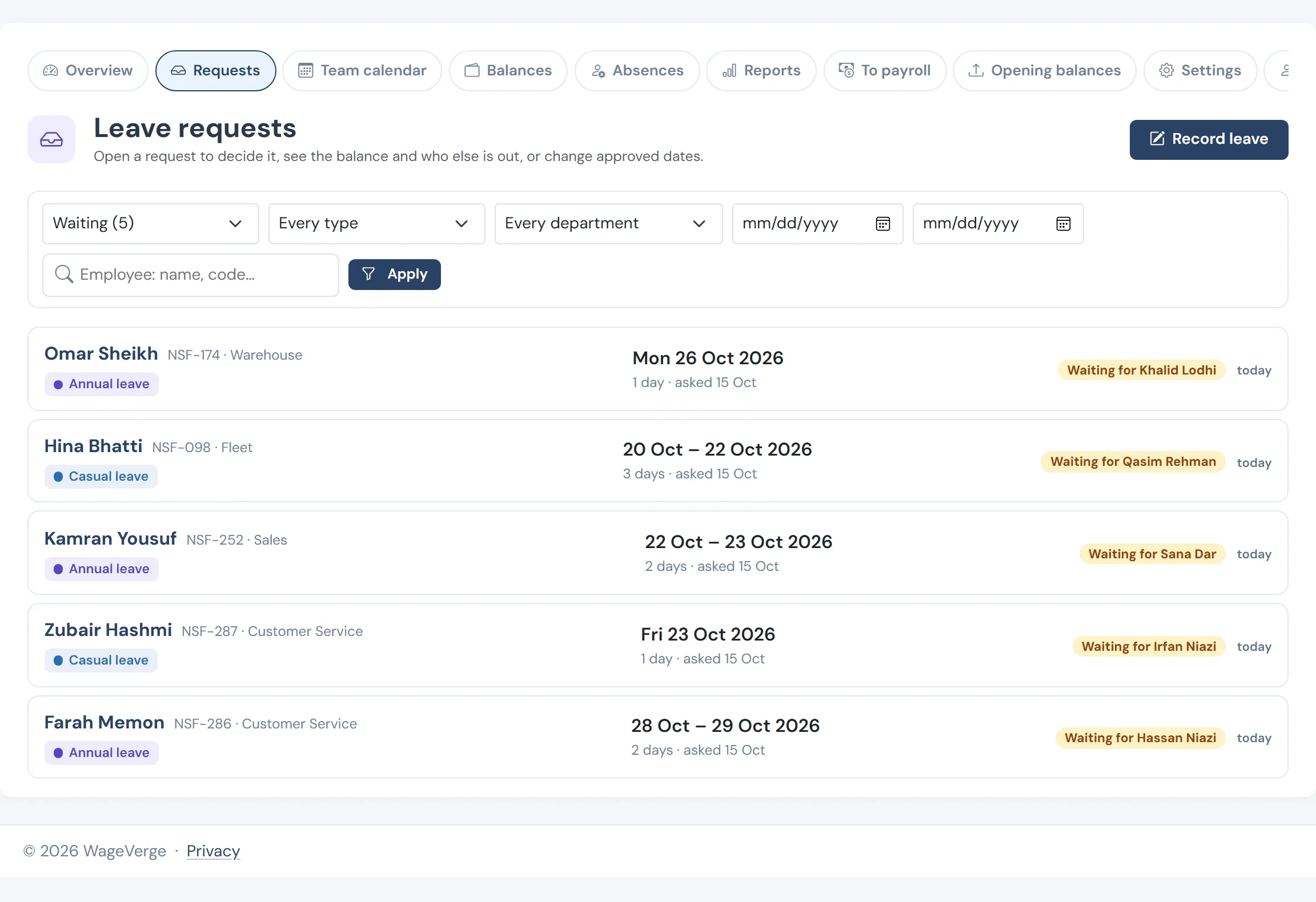 Leave requests waiting for a manager or HR