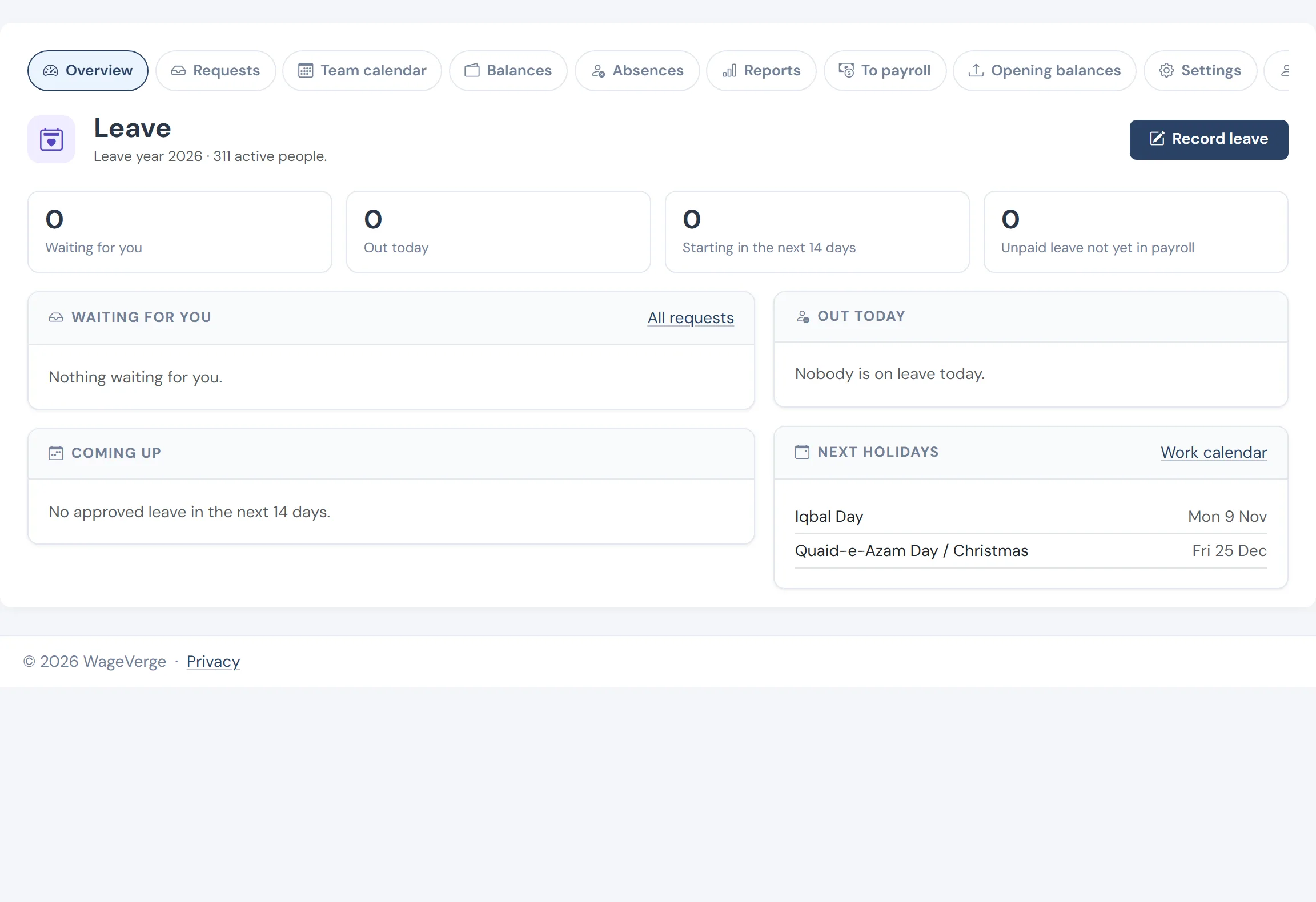 The leave overview: requests waiting, people away today, balances