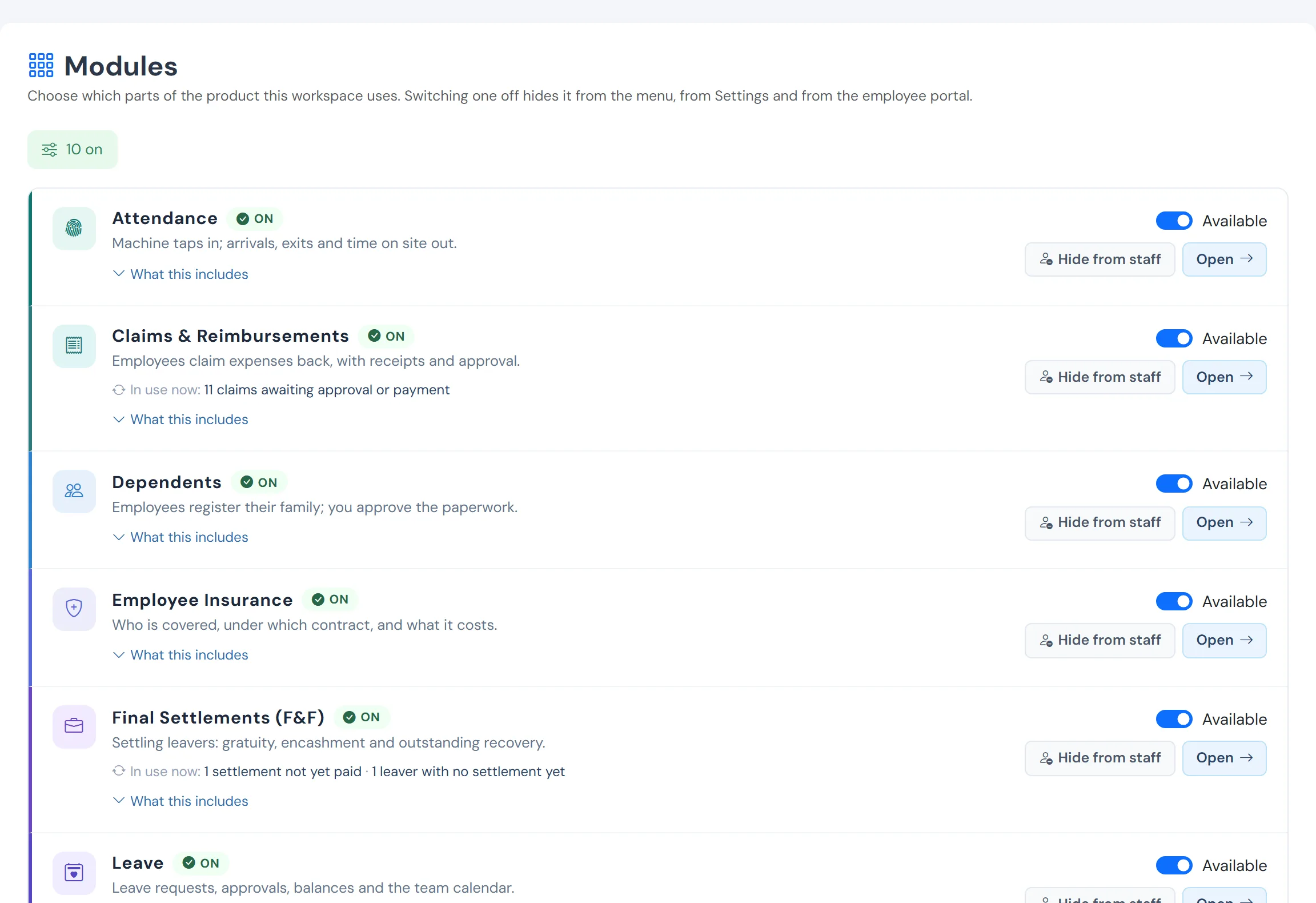 The modules page: which modules are on for this workspace