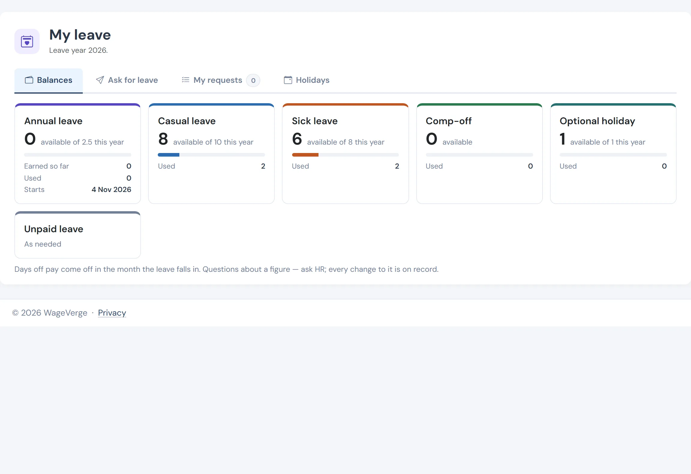 The employee’s leave page: balances and requests