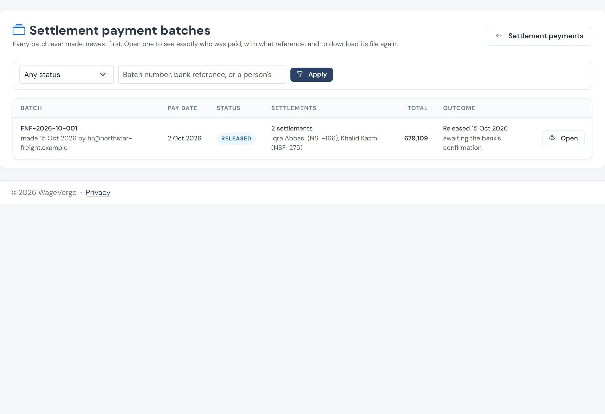 Settlement payment batches with their status and bank file